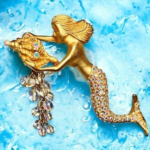 Kirks Folly Gold Tone AB Rhinestones Oceana Mermaid Conch Shell Bubbles Brooch